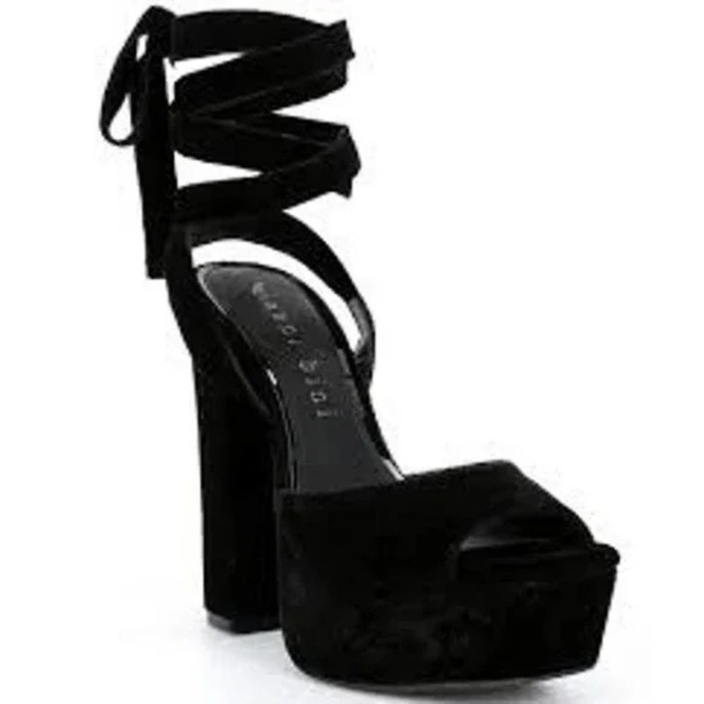 Dillard’s Gianni Bini Black Karstin Velvet Ankle Wrap-Up Platform Heels.